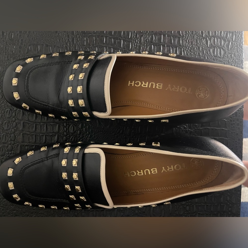 Tory Burch Black, Cream & Gold Studded Loafersl - Picture 7 of 9